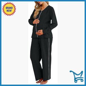 Maternity Nursing Pajama Set Button Down V-Neck Pants Pockets
